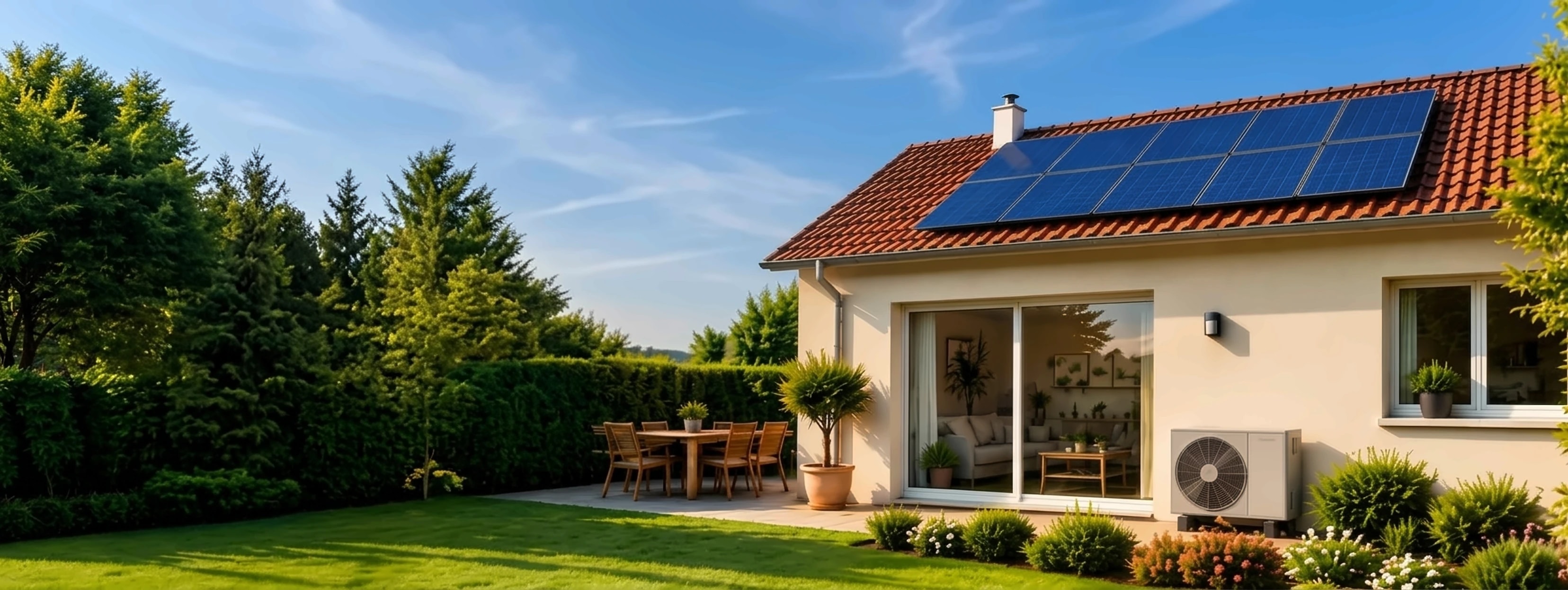 Maison rénovée avec panneaux solaires en toiture et pompe à chaleur, côté jardin